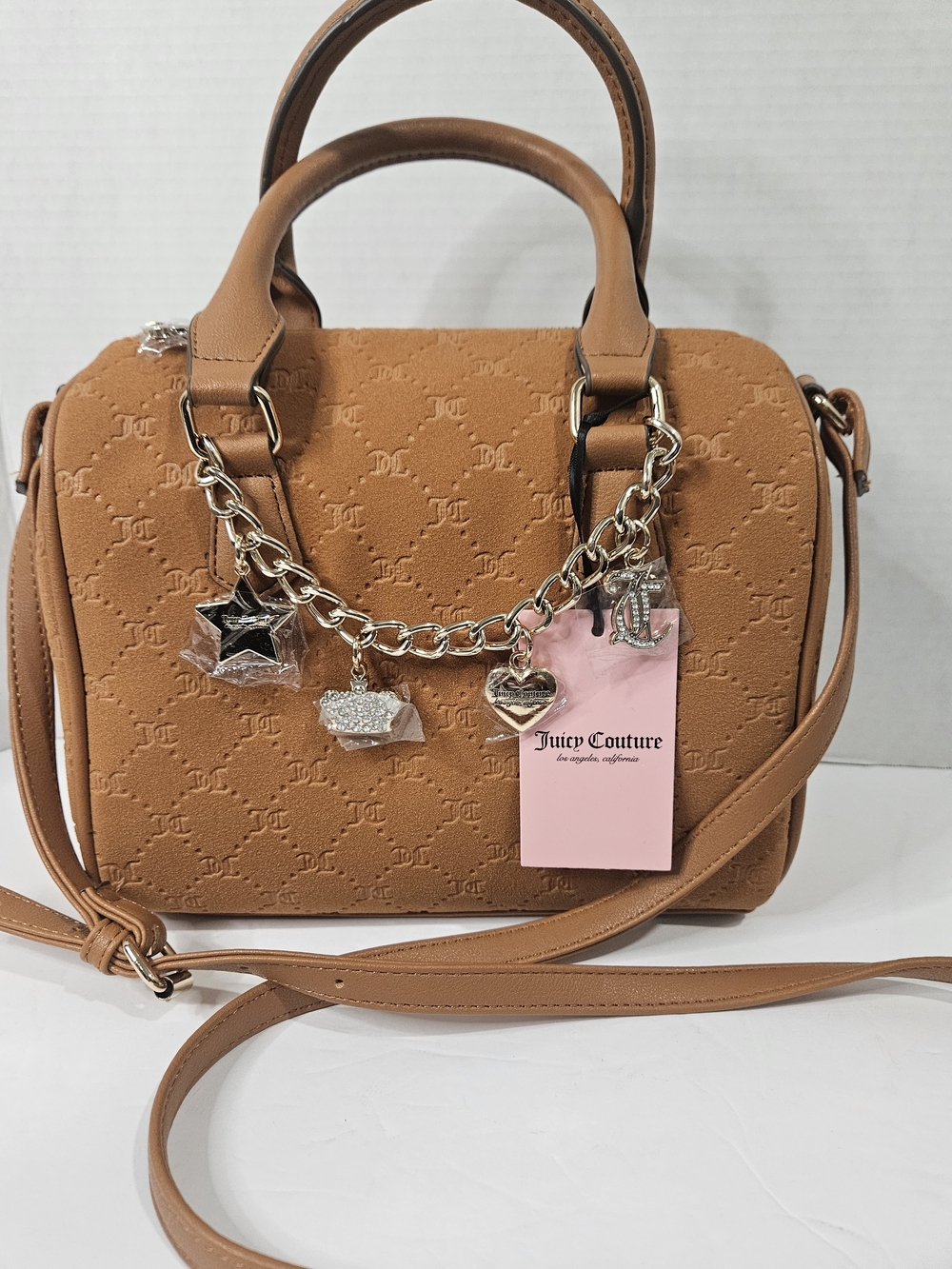 Juicy Couture Tan Embossed Top-Handle Satchel with Charm Chain